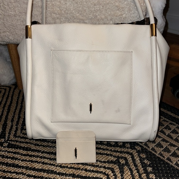 Thacker Eggshell Gold Terry Tote Work Bag Purse Cream Leather w/ Wallet - Picture 5 of 16